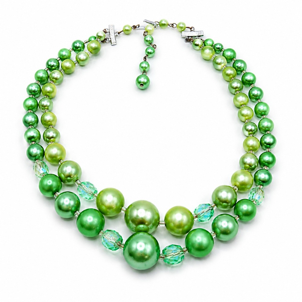 Green Beaded Necklace Double Strand Round Beads Adjustable 16-18 Inch Boho